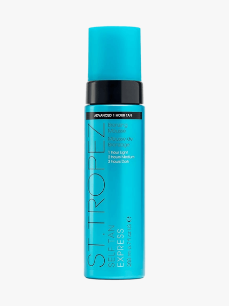 St. Tropez Self Tan Express Mousse in branded component on a light gray background